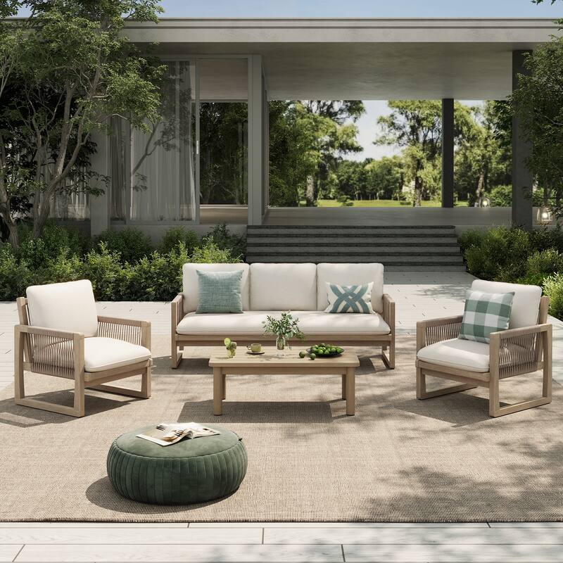 Outdoor 4-Piece Conversation Set Acacia Wood Patio 3-Seater Sofa Set Rope Weave Arm Chair with Coffee Table Weather Resistant