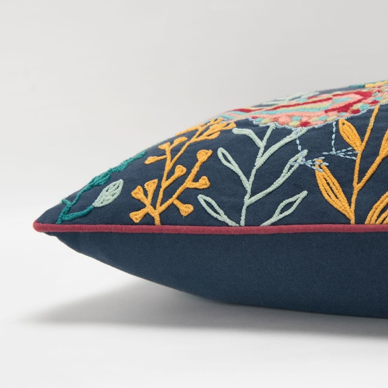 Rizzy Home Navy Blue Multi-colored Floral and Birds Throw Pillow