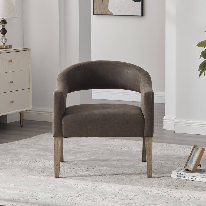 Modern Upholstered PU Open Back Accent Armchair Barrel Dining Chair with Weathered Rubberwood Legs, Hollow-Out Side Club Chair
