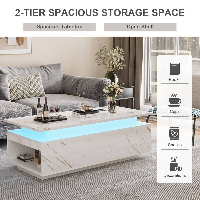Smart LED Coffee Table 47.2" with Bluetooth Speaker & Wireless Charging, Modern White Marble Center Table