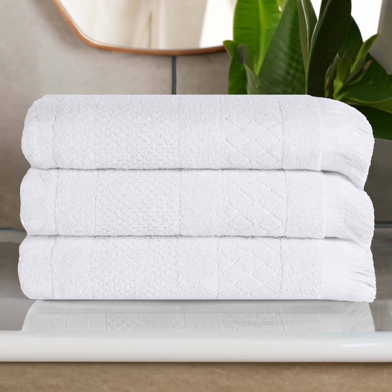 Superior Rolla Cotton Geometric Jacquard Plush Soft Bath Towel Set of 3 - White