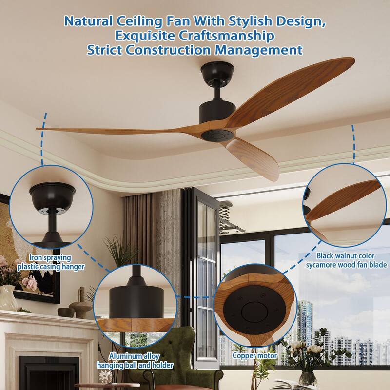 Walnut Ceiling Wood Fan with Remote, 6 Speeds,for All Seasons,Bedroom,Balcony,study