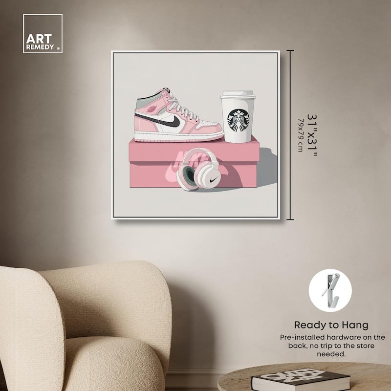 Pink Sneaker and Headphones Canvas by Art Remedy