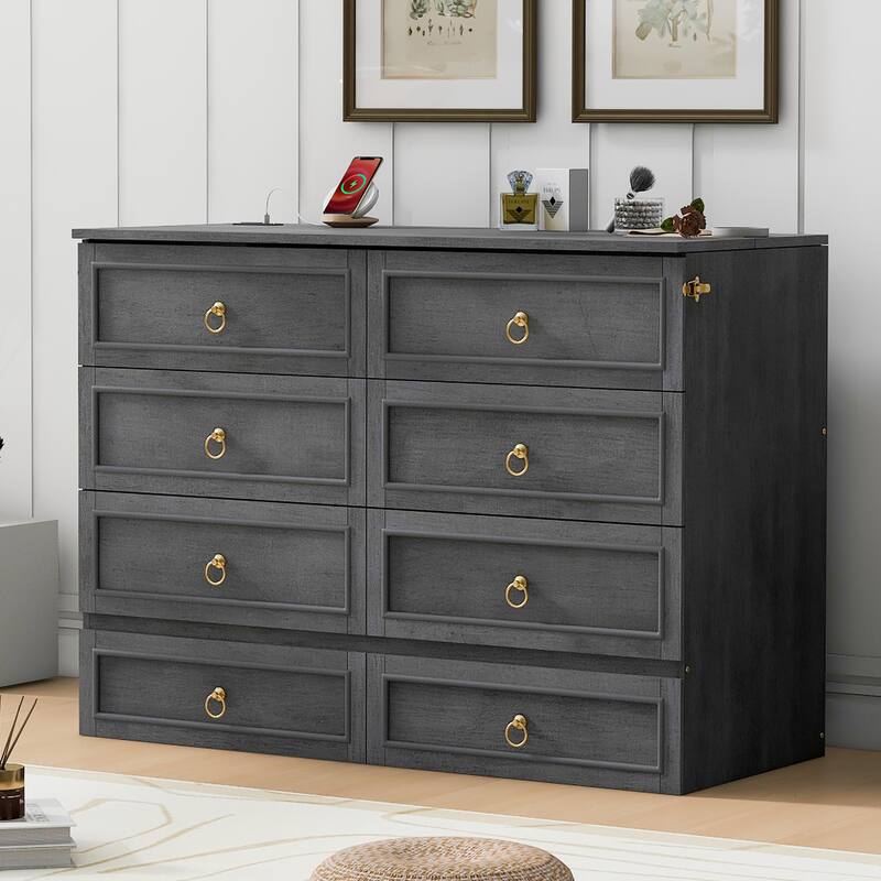 Queen Wall Bed with Built-In Storage Drawers and Rattan Panel Detail, Foldable Cabinet Style Platform Frame for Space Saving - Full Gray - Full