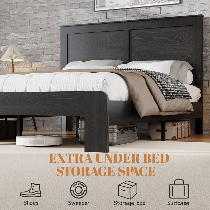 King Size Wood Platform Bed Frame, Noise Free, No Box Spring Needed, Easy Assembly, Large Under Bed Storage, Dark Black
