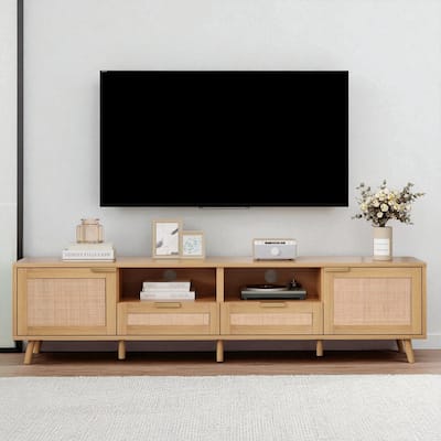 78.8" Rattan TV Stand for 85 Inch TV, Modern Farmhouse Entertainment Center with Solid Wood Legs and Storage Cabinets