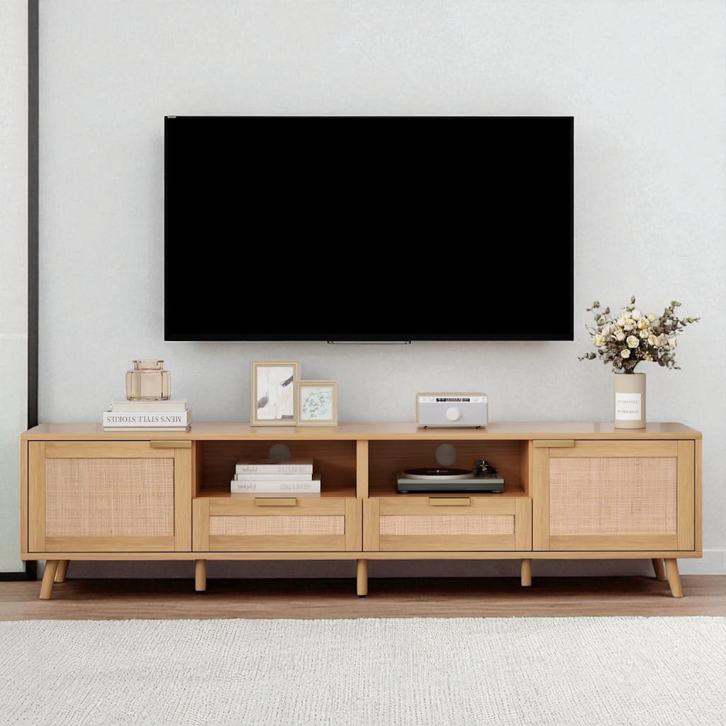 78.8" Rattan TV Stand for 85 Inch TV, Modern Farmhouse Entertainment Center with Solid Wood Legs and Storage Cabinets