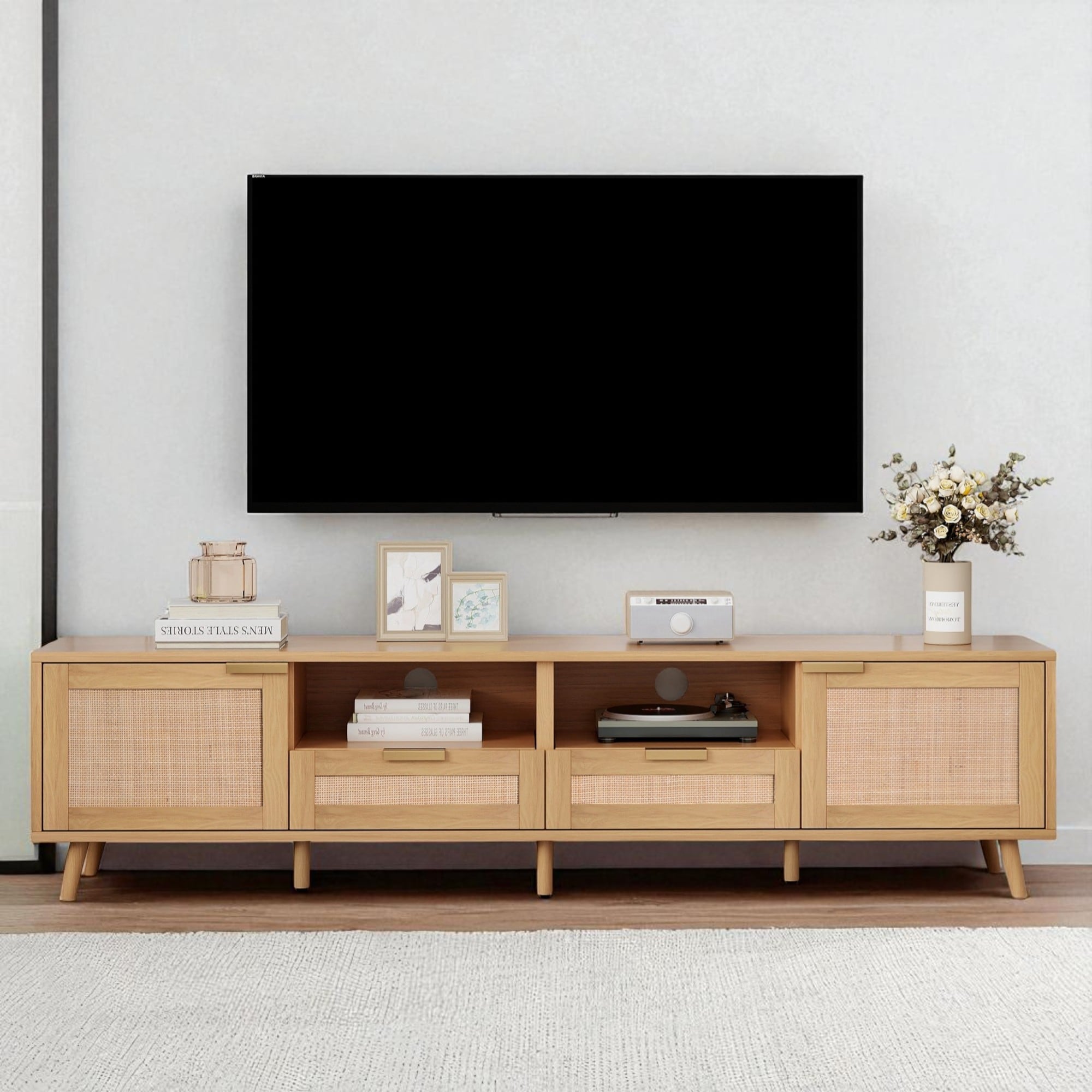 78.8" Rattan TV Stand for 85 Inch TV, Modern Farmhouse Entertainment Center with Solid Wood Legs and Storage Cabinets
