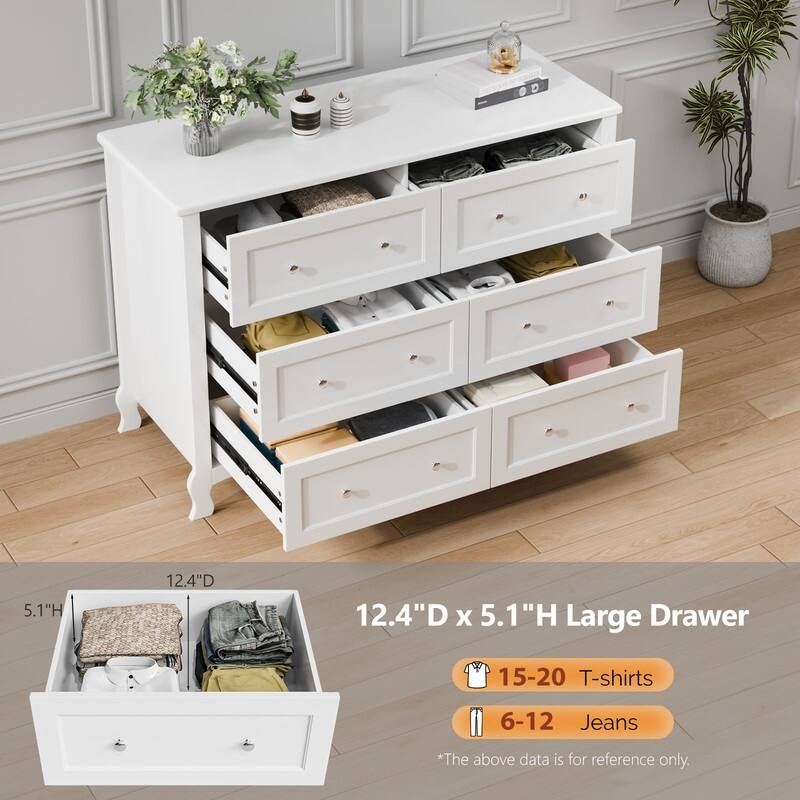 White P2 Density Board Painted 47.2in 6-Drawer French Curved Legs