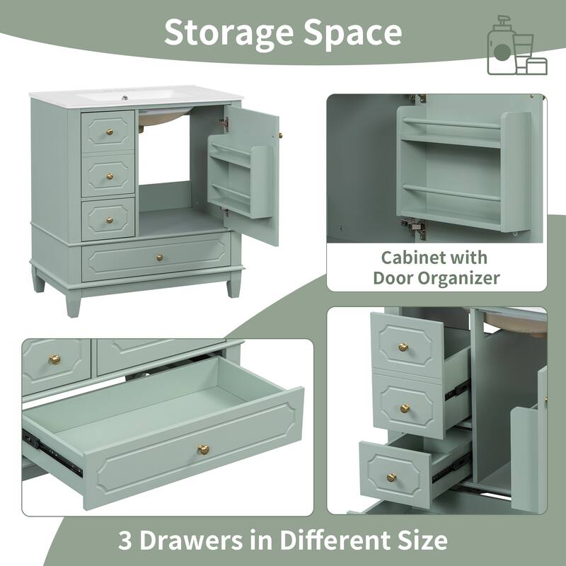 30" Bathroom Vanity With Sink, Freestanding Vanity Cabinet With Ceramic Basin, 3 Drawers, Storage Shelves Included