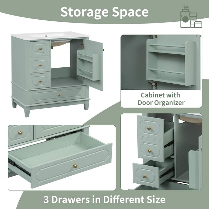 GDFStudio 30" Freestanding Bathroom Vanity with Ceramic Sink and Storage Drawers - 30" W x 18" D x 33.8" H