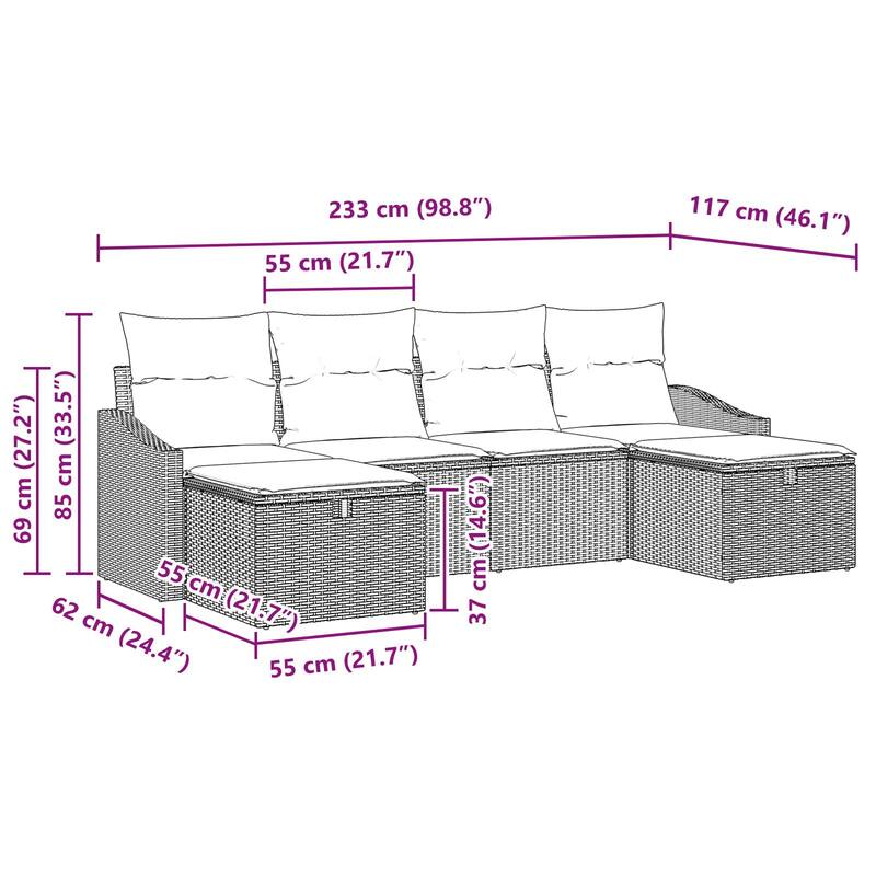 vidaXL 6 Garden Sofa Set with Cushions Black/Brown/Grey Poly Rattan - 98.8 x 46.1 x 27.2
