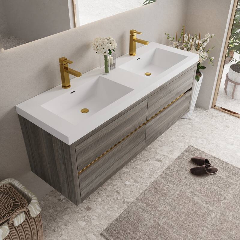 Wall-Mounted Bathroom Vanity with White Stone Resin Top