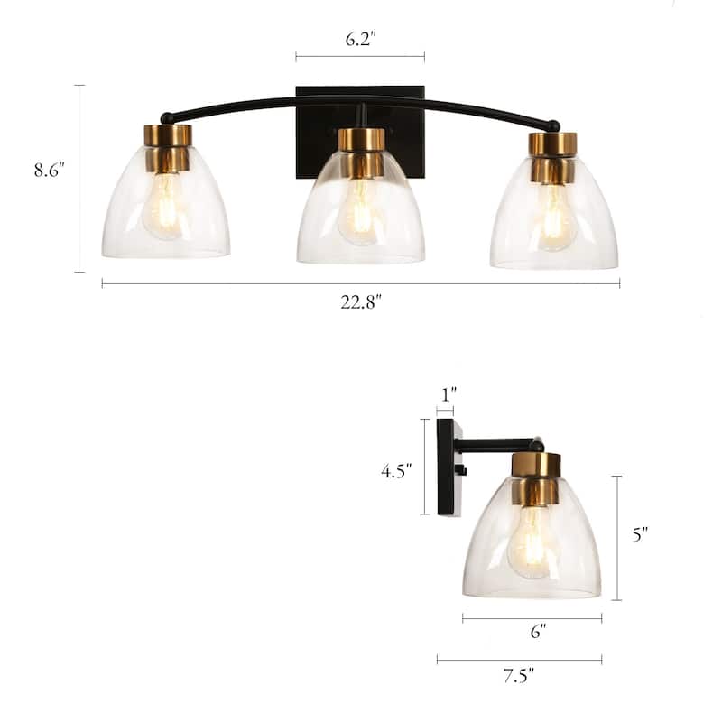 Modern Farmhouse 3-Light Bathroom Vanity Lights Black Gold Wall Sconces - D 22.8" x H 8.6"