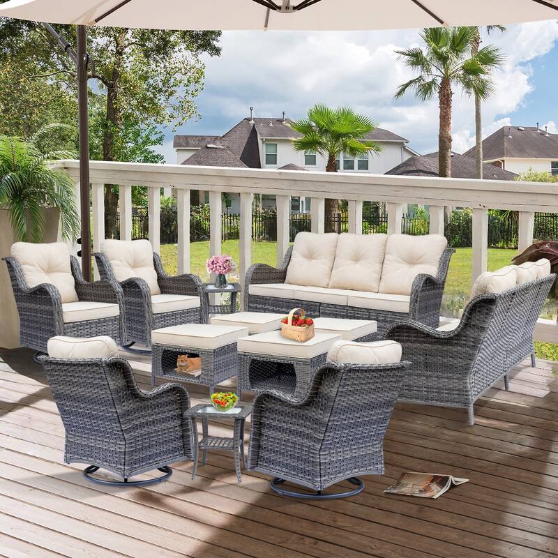 12 Piece Outdoor Wicker Patio Furniture Swivel Glider Chairs Set - Beige-Gray Wicker