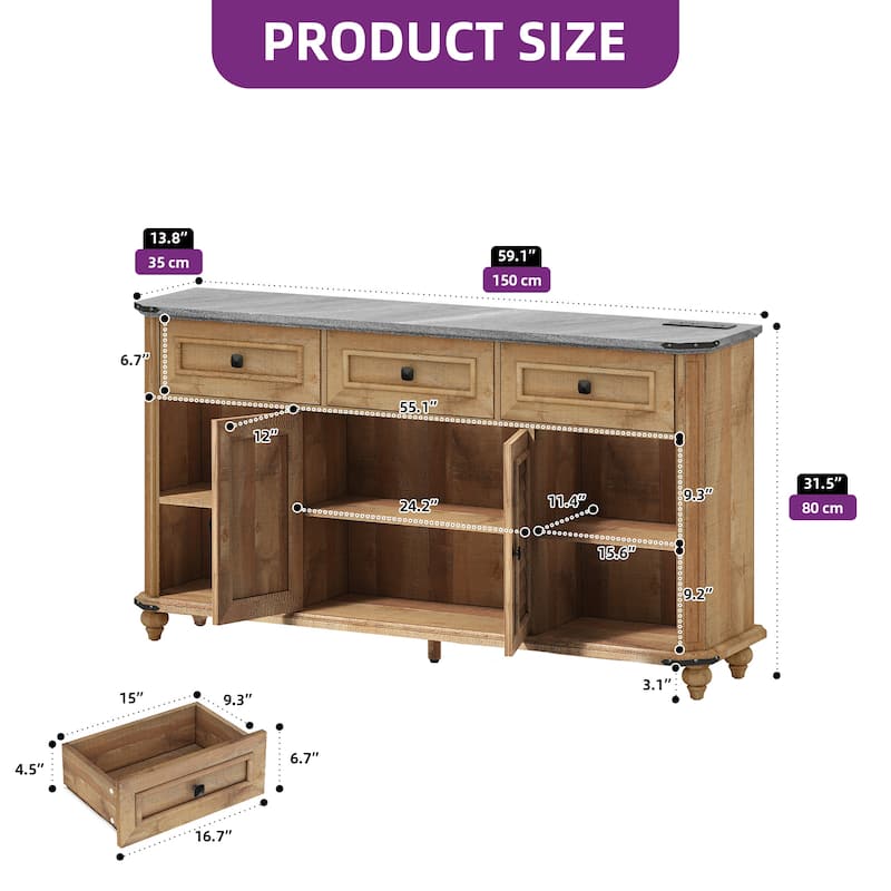 Moasis Farmhouse 59" TV Stand Media Console w/Shelves, Antique Entertainment Center with 3 Drawers