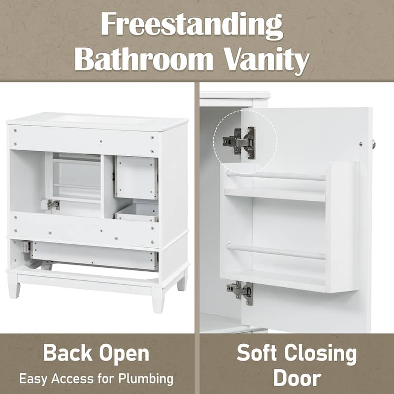 30 Inch Bathroom Vanity with Ceramic Sink, Freestanding Cabinet with 1 Door, Adjustable Shelf & 3 Drawers, Soft-Close Door