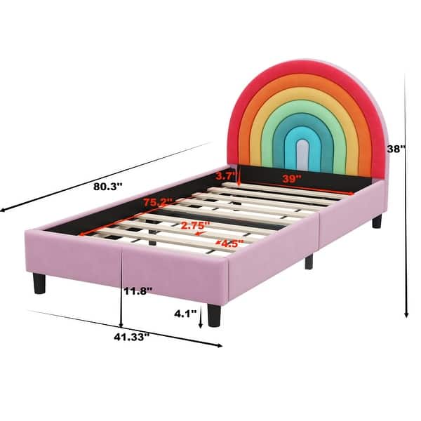Rainbow Design Upholstered Twin Platform Bed for Kids Girls Boys Bedroom, Cute Style Metal Bed Frame with Solid Slats Support