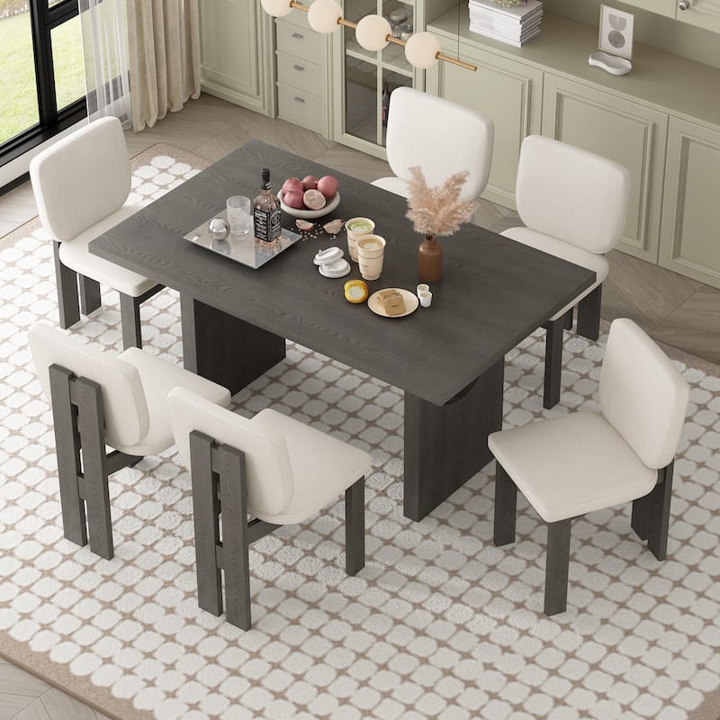 7-Piece Wood Kitchen Dining Table Set, Unique Chair Legs, 1 Rectangular Table with Designed Trestle Base & 6 Upholstered Chairs
