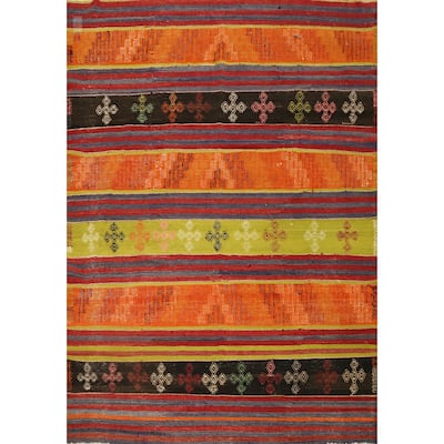 Hand Woven Oriental 100% Wool Carpet Southwestern Tribal Oranges & Rust Kilim Area Rug - 6' 9'' X 5' 10''