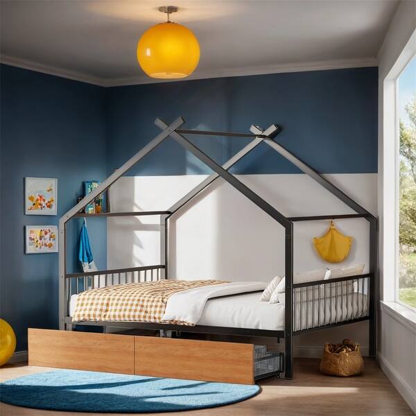 slide 2 of 20, Full Size Metal House Bed with Two Drawers
