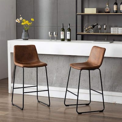 Home Beyond Set of 2 Pcs Synthetic Leather Upholstered Barstools Armlesss with Metal Frame