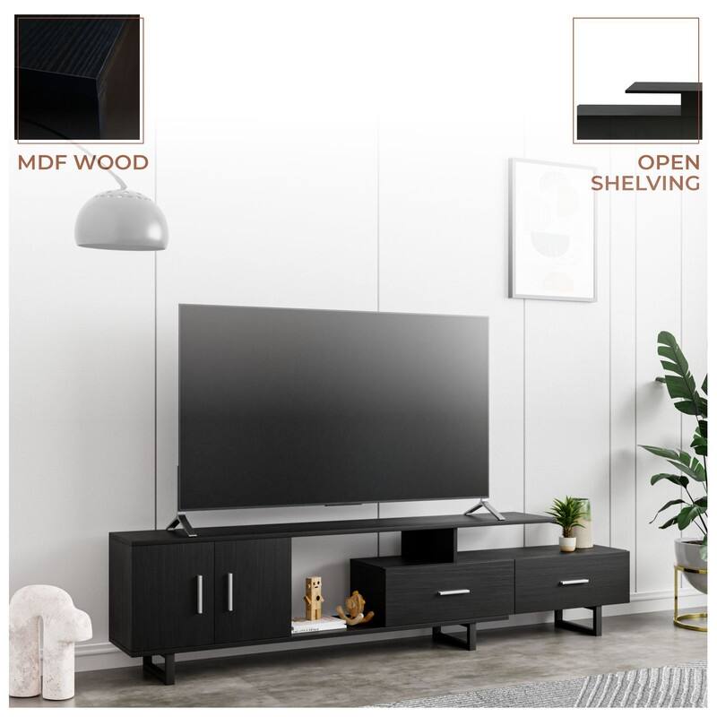 Avery 55 Inch Modern TV Stand with Steel Base, 2 Drawers, and Open Shelves - Entertainment Console for Living Room or Bedroom
