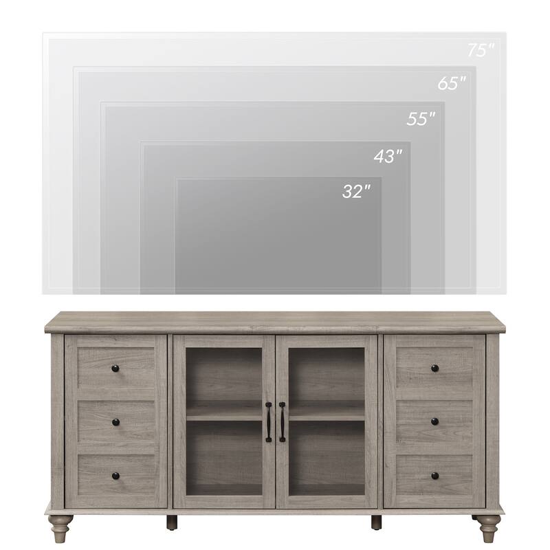 Farmhouse TV Stand for 65 Inch TV, Wood Console Table with Glass Door