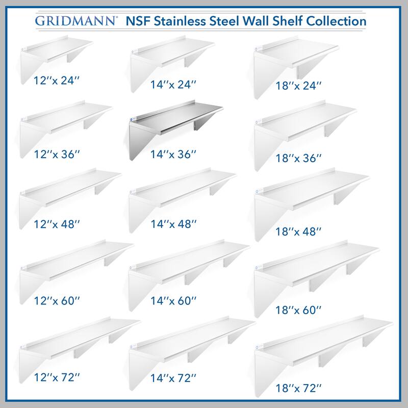 36 x 14in NSF Stainless Steel WallMount Shelf - 14" x 36"