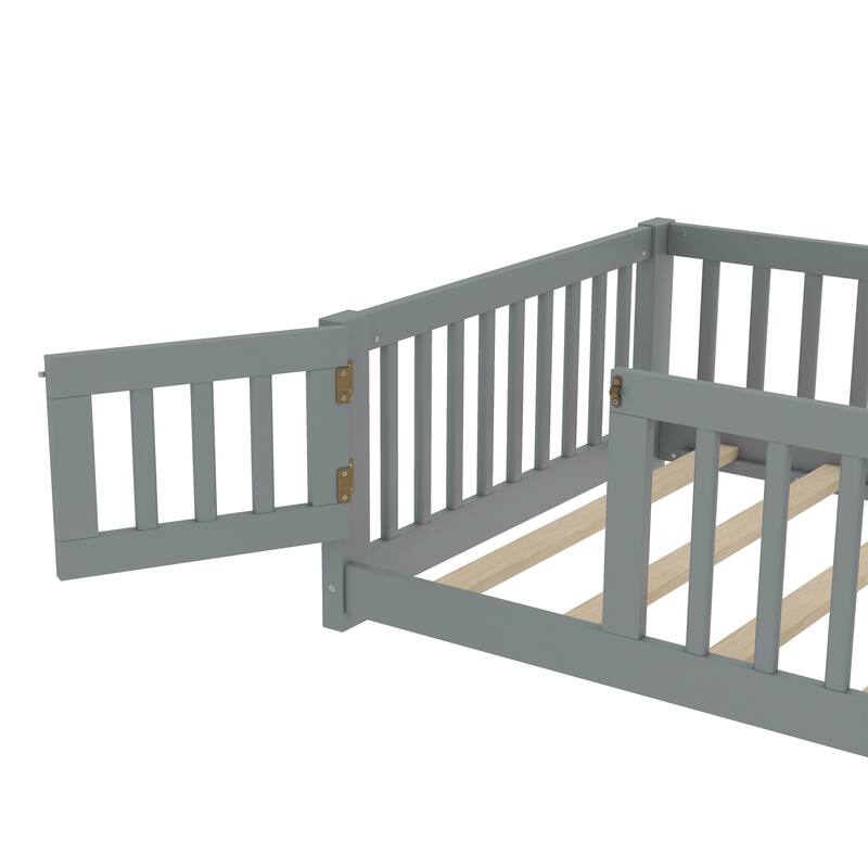 Montessori Toddler Floor Bed with Fence and Switchable Door, Low Profile Bed Frame with Removable Slats, Safe Transition Bed