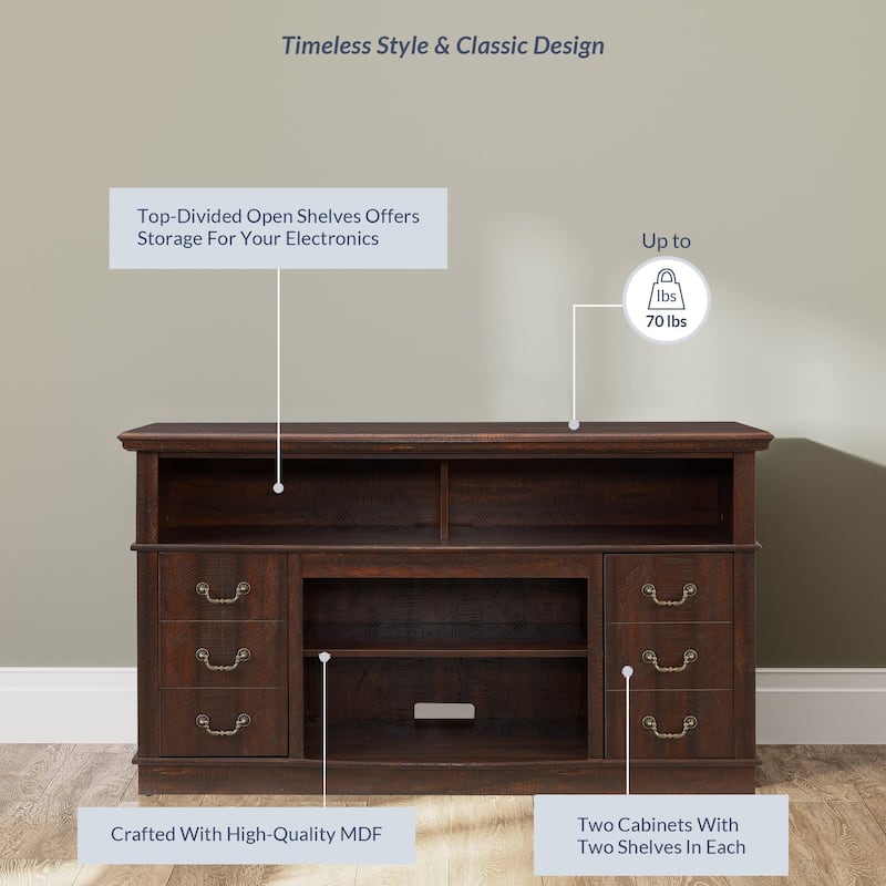 60"W Retro TV Stand Entertainment Center, 2 Cabinets&Open Shelves - 60"W*15.75"D*34.25"H