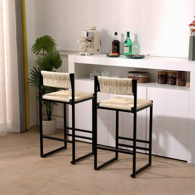 Set of 2 Paper Rope Weave Bar Stools with Footrest