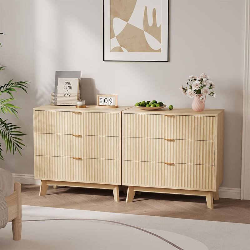 3 Drawer Dresser Set of 2, Mid Century Modern Dresser Drawers, Waveform Fluted Side Table - 3-drawer