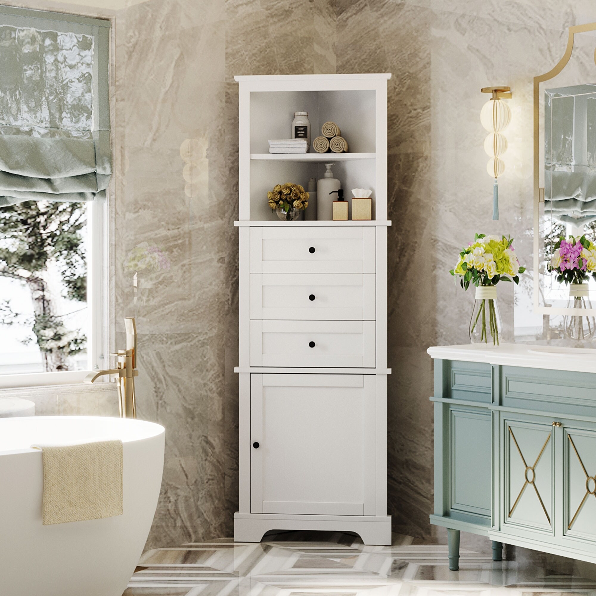 Bathroom corner outlet towel storage