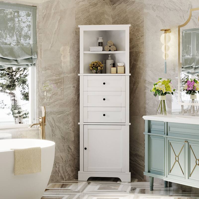 Triangle Tall Cabinet with 3 Drawers and Adjustable Shelves, MDF Board with Painted Finish - White - Painted