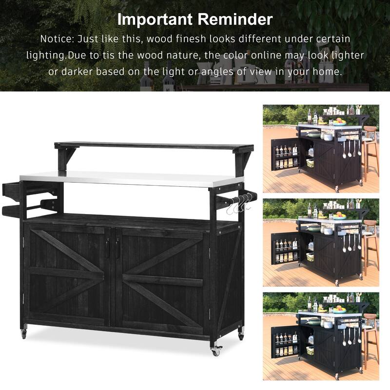 Anmytek 53.3" Outdoor Kitchen Island Grill Cart Stainless Steel Top Solid Wood Storage Black
