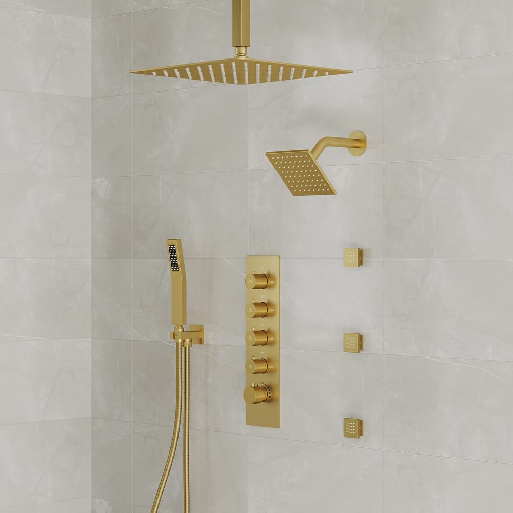 Dual Heads 16" Rainfall & High Pressure 6" Shower Head 3 Way Thermostatic Faucet System w/ 3 Body Jets