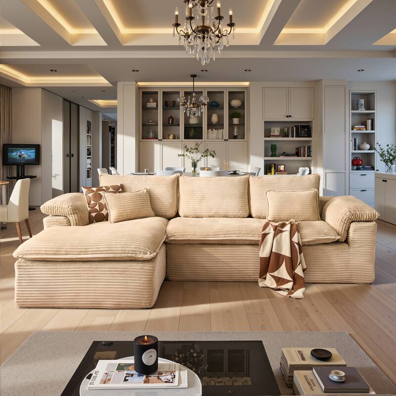 OVIOS L-Shaped Sofa with Dual-Tone Stripe Fabric​ - LeftChaise-Beige