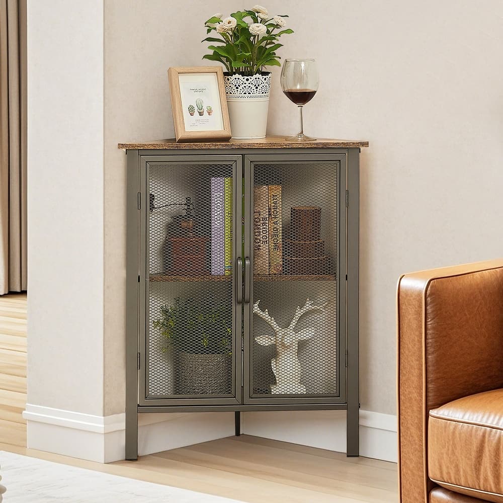 VECELO Triangular Corner Cabinet 27.5" 3-tier End Table with Mesh Doors For Small Spaces Indoor Outdoor(1PCS/2PCS)
