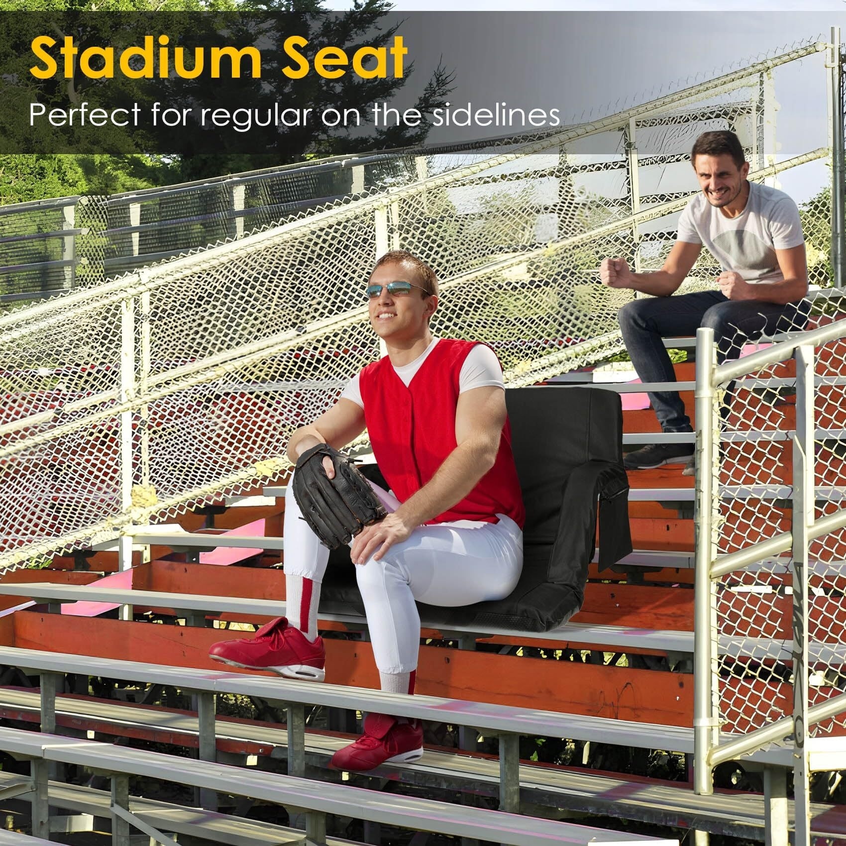 XGEAR Bleacher Chair With Back Support - Padded Stadium Seat With 6 Reclining Positions & Cup Holder