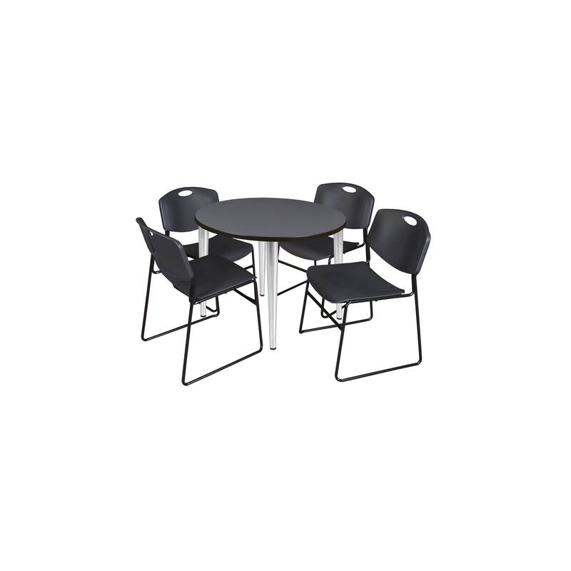 42 in. Round Breakroom Table- Grey Top, Chrome Base & 4 Stack Chairs- Black