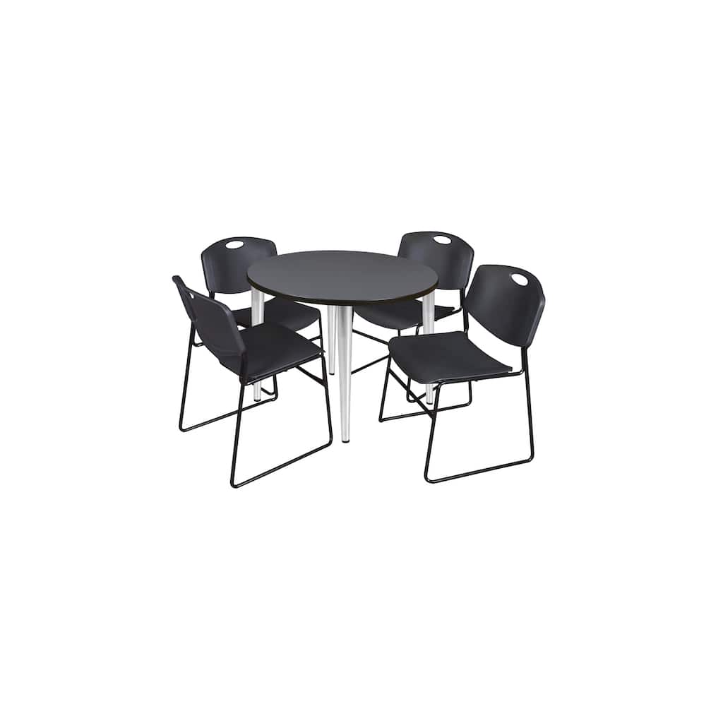 42 in. Round Breakroom Table- Grey Top, Chrome Base & 4 Stack Chairs- Black