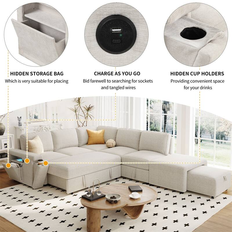L-shaped Padded Modular Sofa w/Storage Space,USB Ports & Cup Holders