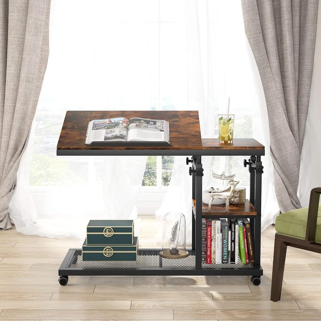 32" Width Adjustable C-Shaped End Table with Wheels & Tilting Top Rustic Brown