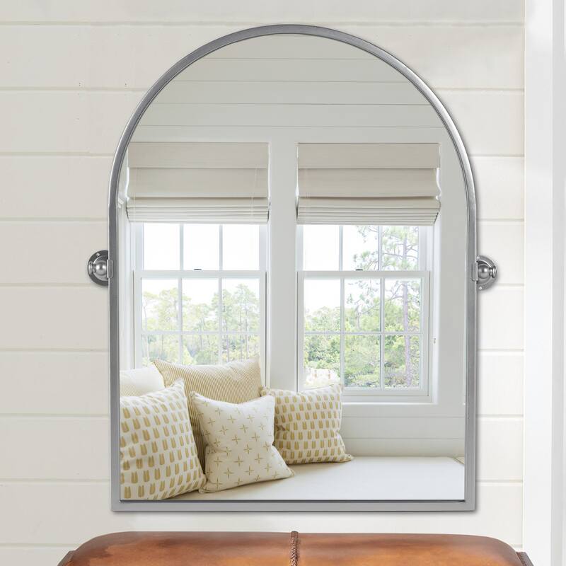 Iron Metal Frame Rectangular Windowpane Wall Mirror Farmhouse Rustic Elegant Decor for Living Room Bedroom Bathroom Entryway - 36" x 24" - Silver Arch