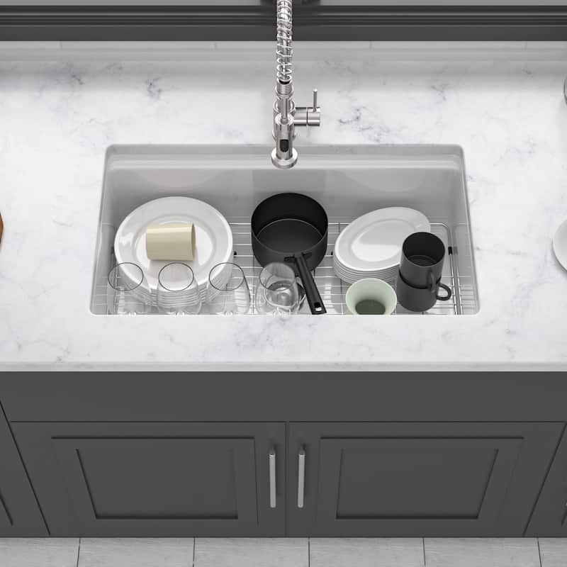 33 Inch Undermount Single Bowl Ceramic Kitchen Sink in White - 33'' x 19'' x 10''