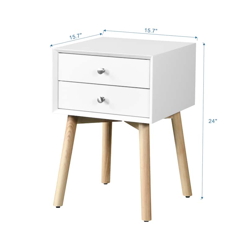 Mid-Century Modern White Bedside Table with Two Drawers and Rubber Wood Legs