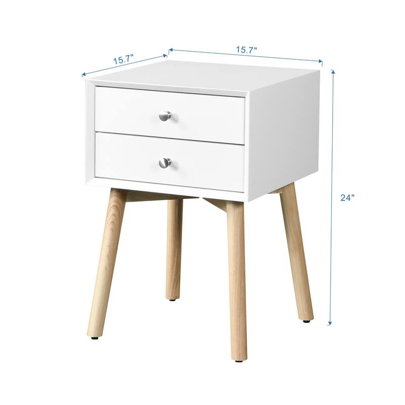 Side Table,Bedside Table with 2 Drawers and Rubber Wood Legs, Mid-Century Modern Storage Cabinet for Bedroom Living Room