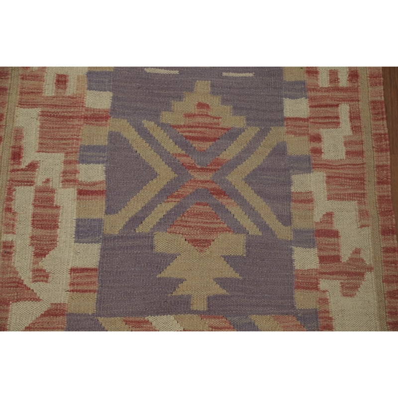 Hand Woven Oriental 100% Wool Carpet Southwestern Tribal Purples Kilim Runner Rug - 6' 1'' X 2' 2''