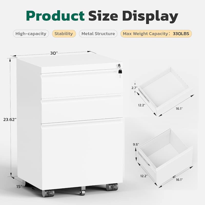 3 Drawer Metal File Cabinet, Mobile or Vertical Office Filling Cabinet